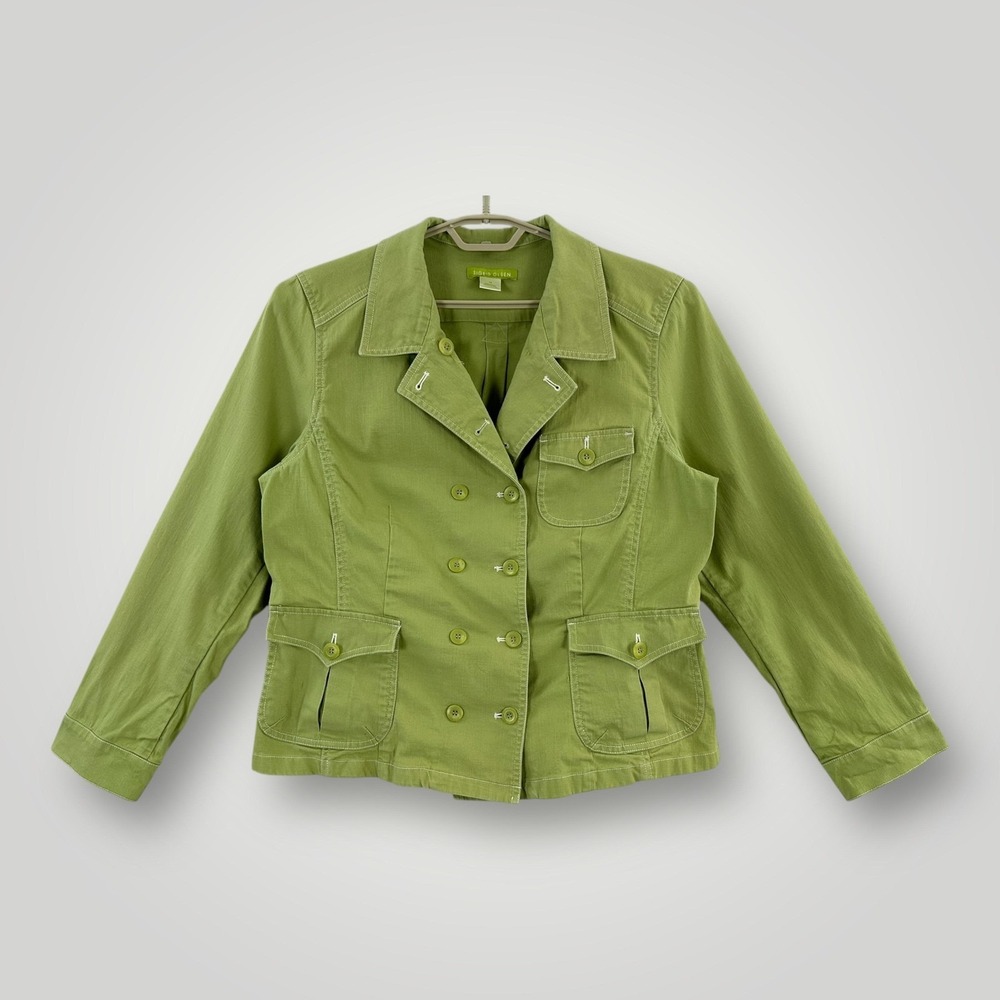 Sigrid Olsen Jacket Womens 16 Green Cotton Blend Double Breasted Utility Pockets